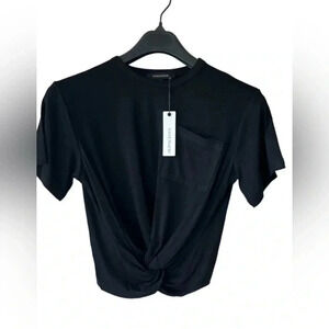 Olivaceous Casual Short Sleeve Crop Top Twist Front Shirt in Black Small, Large